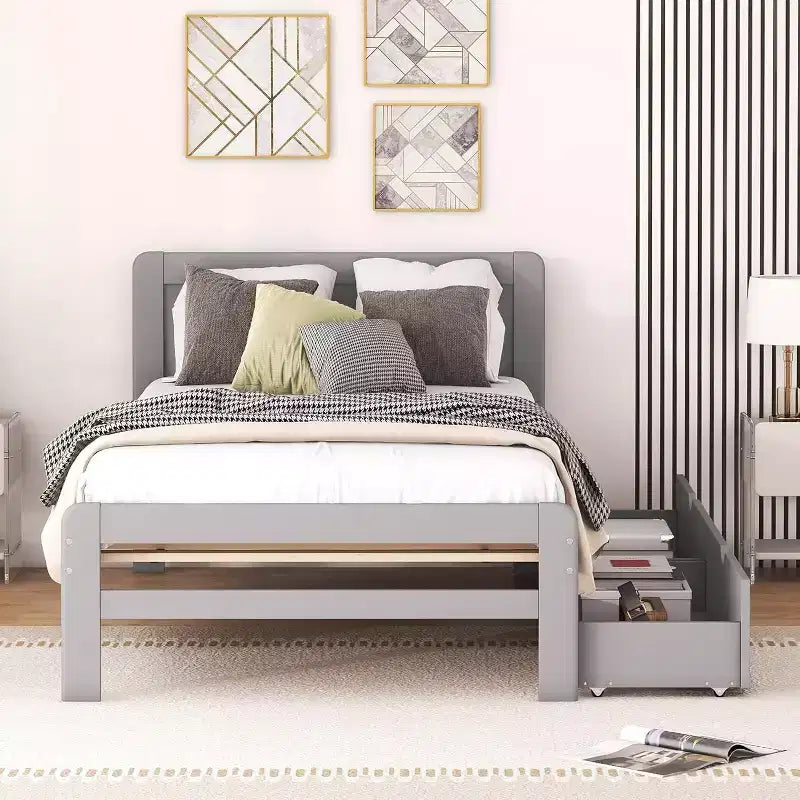 Lit plateforme double Acekool avec 2 tiroirs de rangement gigognes, tête de lit, cadre robuste, aucun sommier tapissier requis, gain de place pour chambre d'enfants ou d'amis