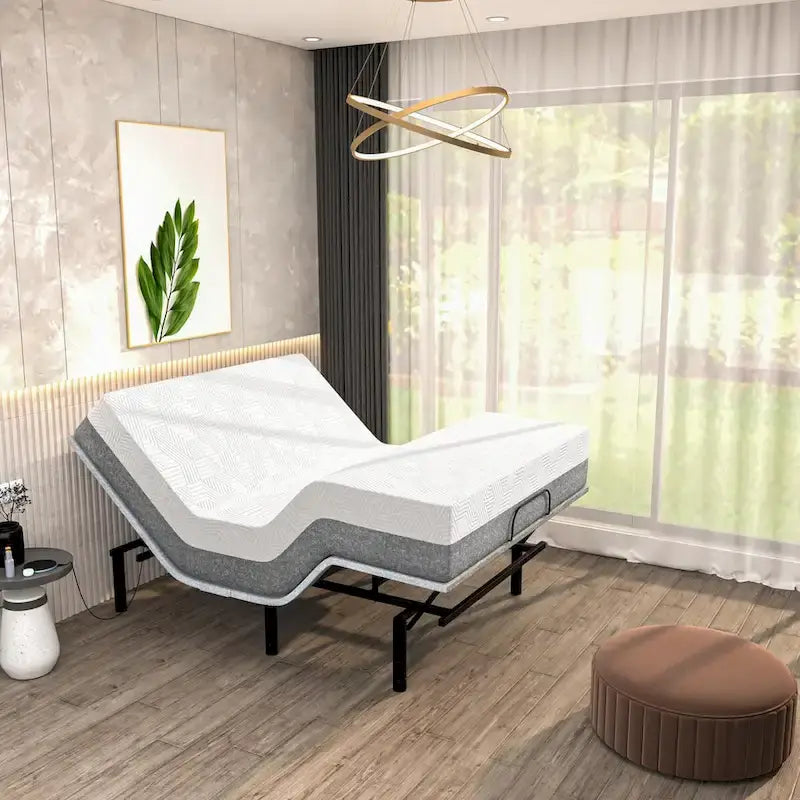Base réglable Renanim SF avec matelas hybride 12, massage, USB, éclairage sous le lit, application, inclinaison tête et pieds
