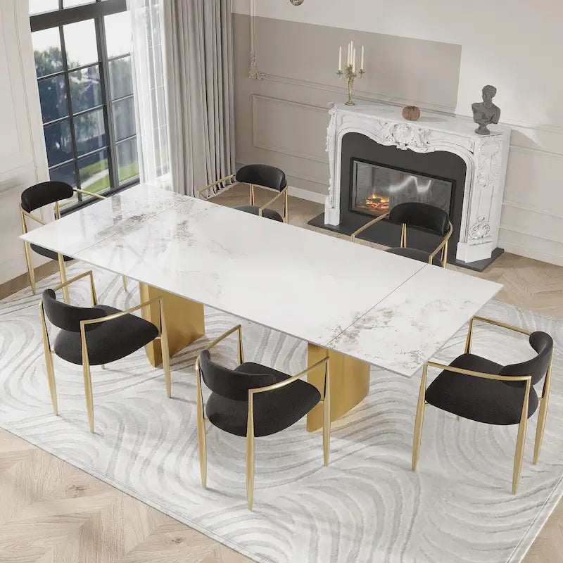 Ensemble de salle à manger moderne minimaliste 9 pièces avec plateau en pierre frittée extensible et double piédestal de 240 cm
