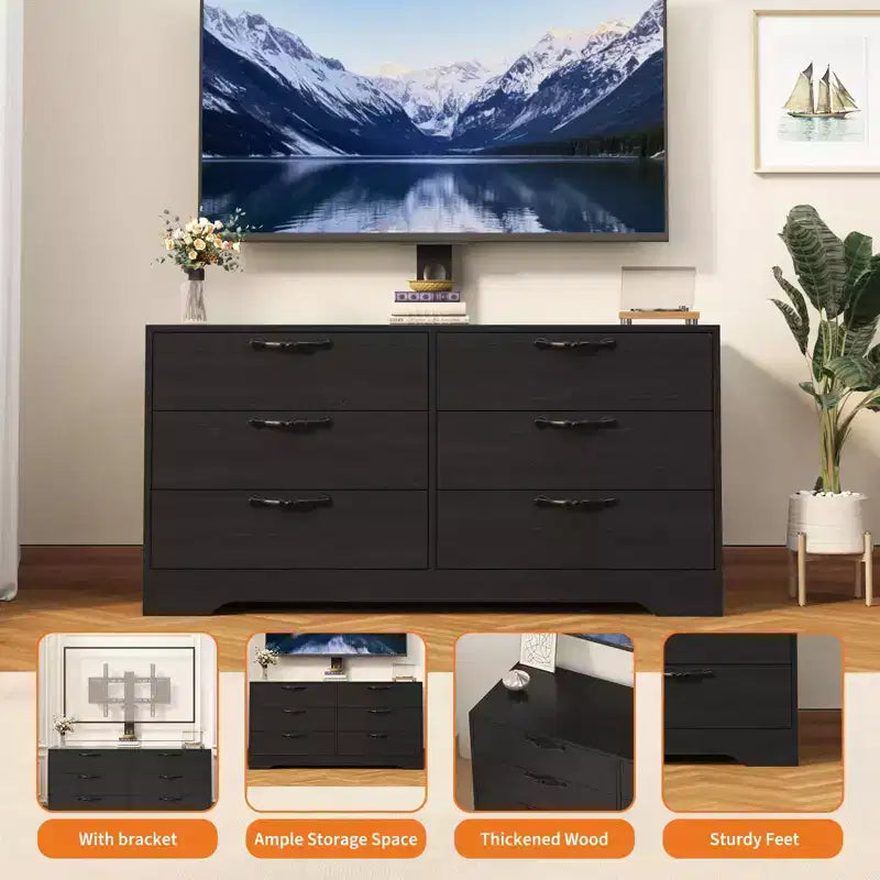 Meuble TV moderne de 63 pouces avec support pour téléviseur de 75 pouces, console multimédia à hauteur réglable avec 6 tiroirs, centre de divertissement robuste en MDF pour salon, chambre à coucher