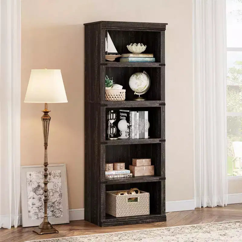 Bibliothèque à 5 niveaux Whizmax, étagère de style rustique avec rangements, étagères ouvertes pour bureau à domicile, salon, chambre à coucher