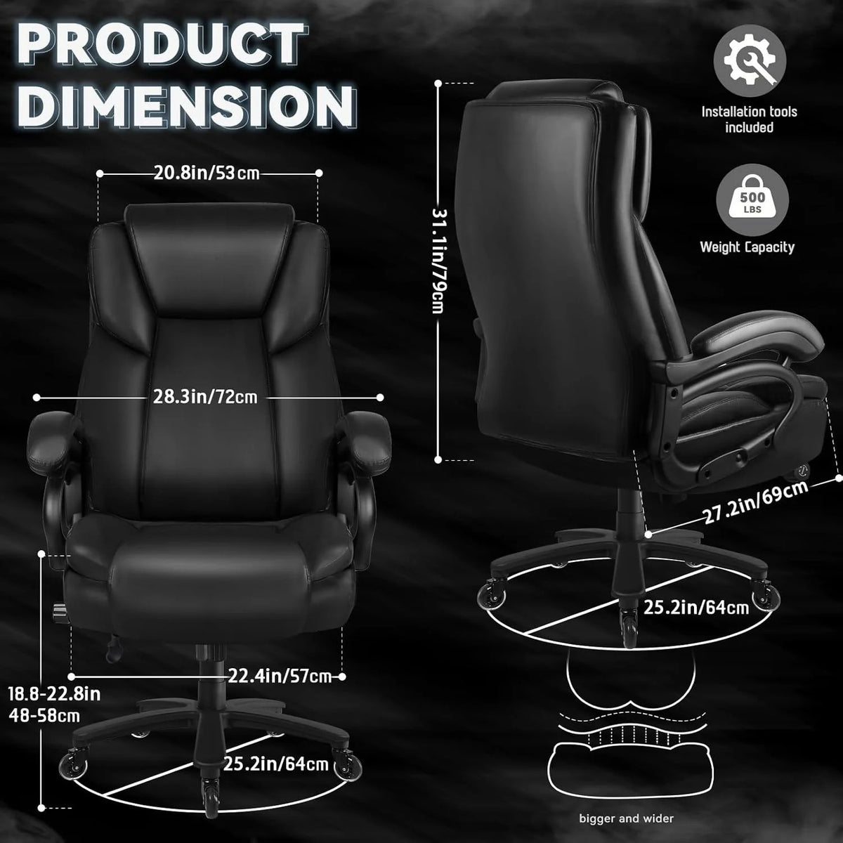 Chaise de bureau de direction Bossin grande taille et forte, 500 lb, avec support lombaire réglable, chaise ergonomique en cuir PU à dossier haut pour ordinateur