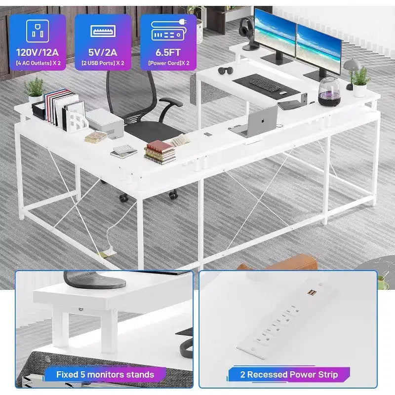 Bureau d'angle en U de 200 cm pour gamer, bureau d'ordinateur réversible en forme de L avec prises de courant, lumières LED, support d'écran et étagères de rangement