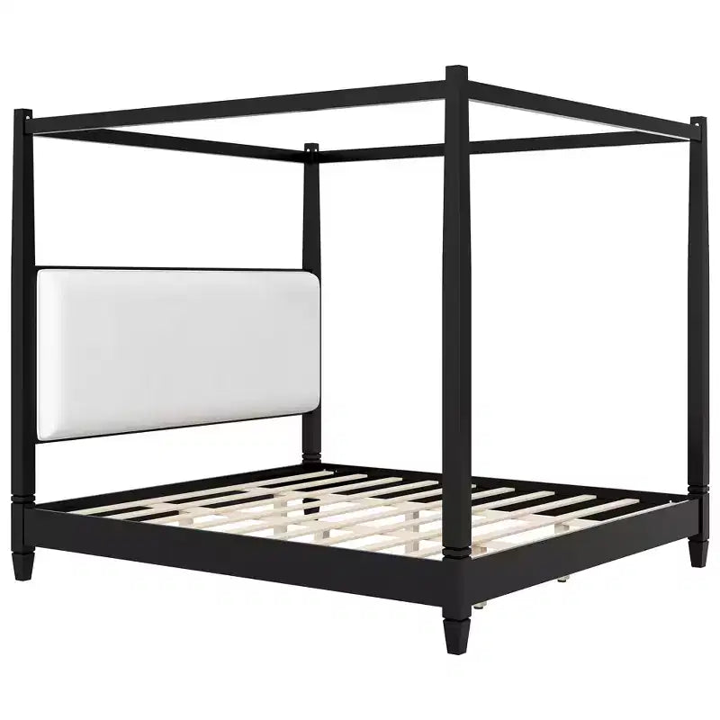 Lit plateforme à baldaquin Reyes de GDFStudio avec tête de lit capitonnée et pieds de support à lattes en bois