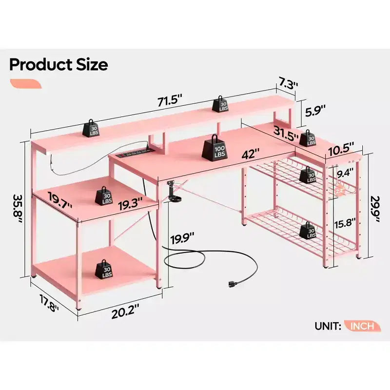Bureau de gamer Bestier 71,5 pouces avec prise de courant, bureau d'ordinateur en L avec support d'écran, table de gamer d'angle avec étagère réglable et crochet pour casque