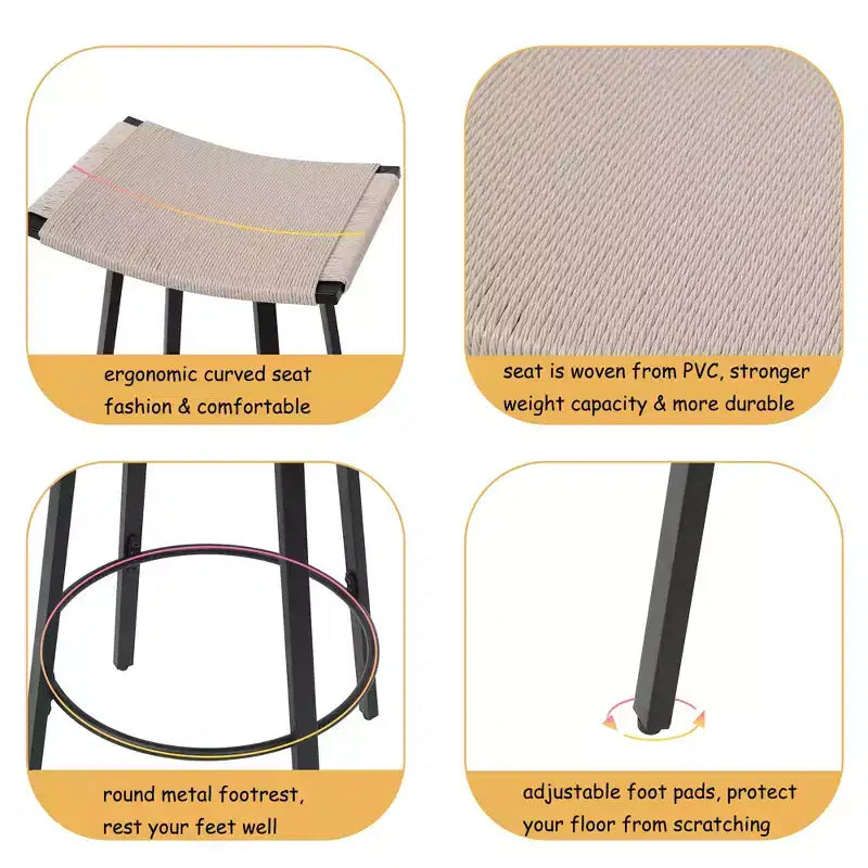 MAYEERTY Lot de 2 tabourets de bar sans dossier hauteur comptoir, PVC tressé, repose-pieds rond, utilisation intérieure/extérieure Noir Blanc Crème
