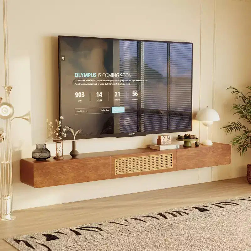 Meuble TV flottant mural Luck Live Mid-Century Modern 200 cm avec portes et tiroirs en rotin