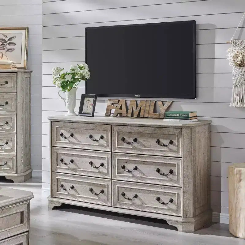 Commode à 6 tiroirs SinCiDo pour chambre à coucher, commode rustique en bois de style ferme, commode vintage de 54 po de largeur pour salon