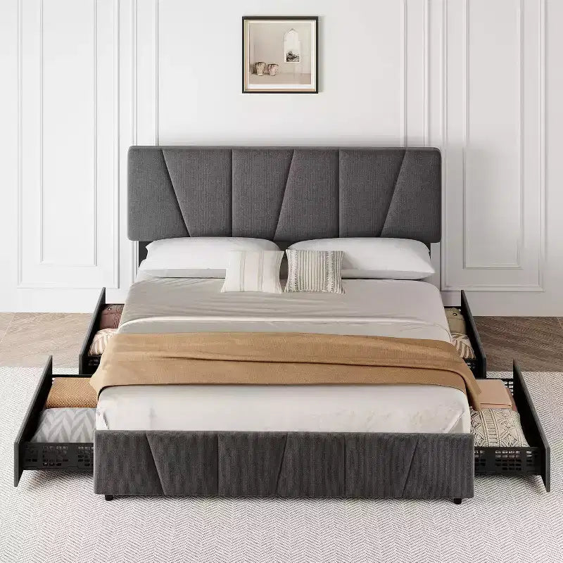 Lit Queen Size avec tête de lit réglable et 4 tiroirs de rangement, cadre de lit plateforme rembourré doux avec support à lattes en bois