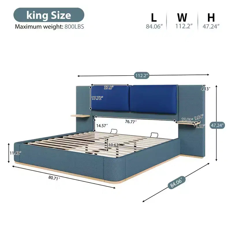 Cadre de lit plateforme capitonné Whisen King Size avec étagères de rangement latérales, tête de lit et panneau en PU doux, anti-collision, assemblage facile