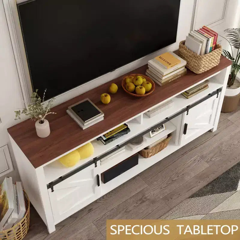 Meuble TV de ferme GustoWave, console TV robuste avec étagère réglable et porte coulissante style grange pour salon, chambre, blanc/noyer