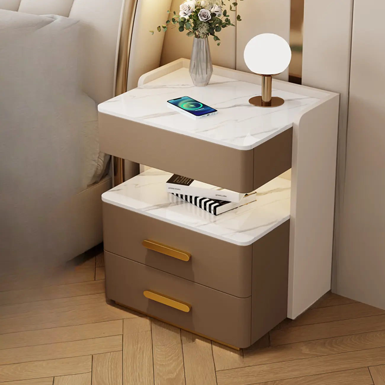 Table de chevet avec rangement à tiroirs, recharge sans fil et éclairage LED
