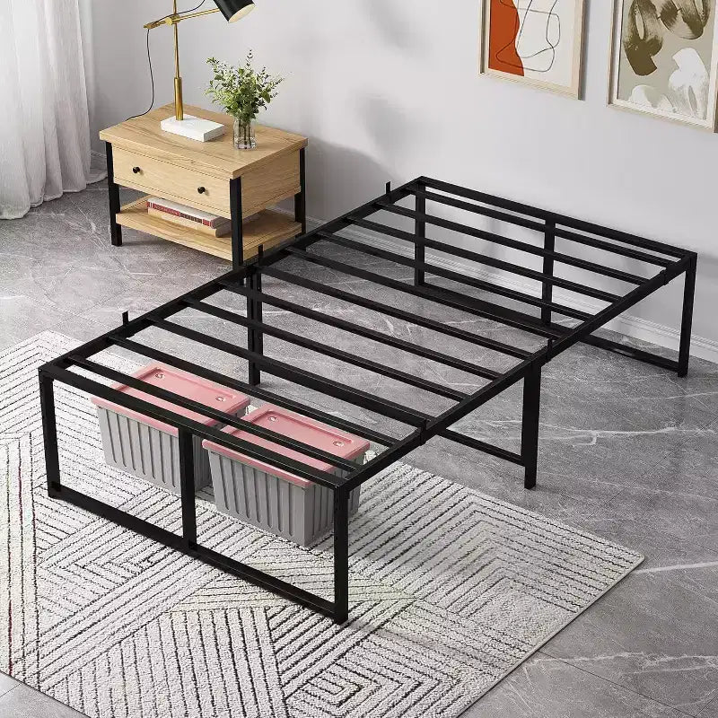 Cadre de lit double en métal de 14 pouces, plateforme robuste, lattes en acier solides, base de matelas, aucun sommier tapissier requis, montage facile, silencieux, noir