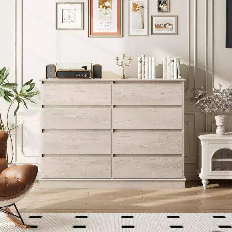Commode double COZONY 51 po de large à 8 tiroirs – Grande commode horizontale avec tiroirs profonds et plateau large pour chambre, dressing, salon et couloir