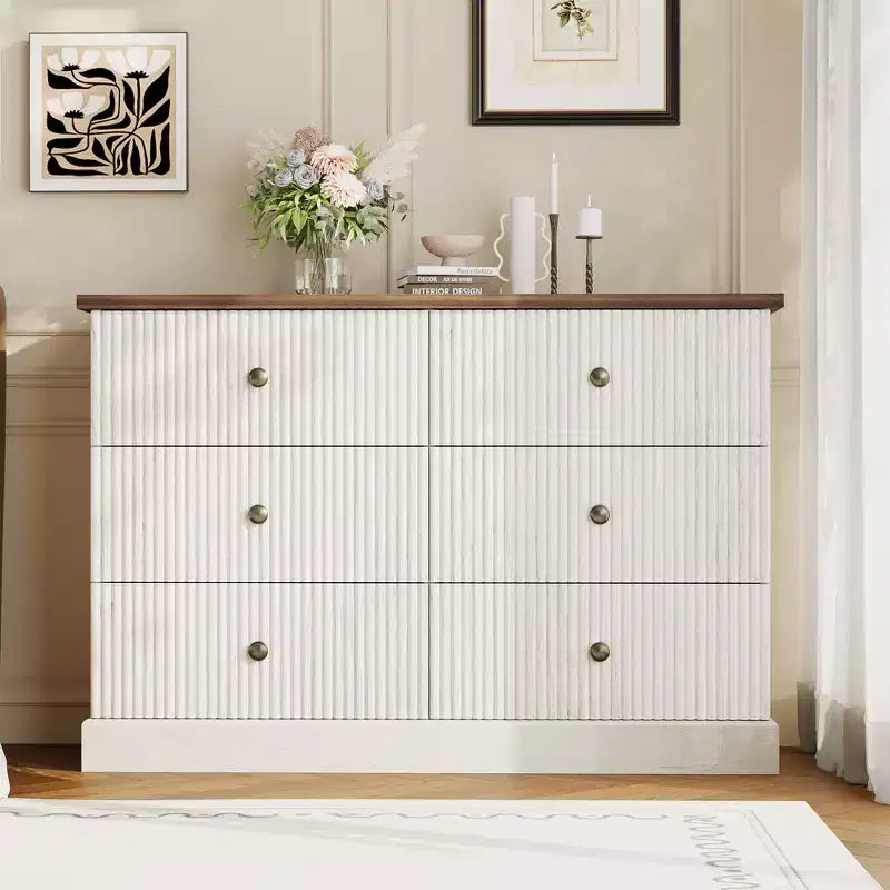 Commode à 6 tiroirs cannelés pour chambre à coucher, commode horizontale en bois avec poignées en métal, organiseur de rangement moderne pour chambre à coucher, salon
