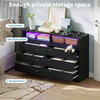 Commode 6 tiroirs, commode LED blanche avec station de charge, fixations murales incluses, bande lumineuse réglable 6 couleurs, convient pour chambre à coucher, salon
