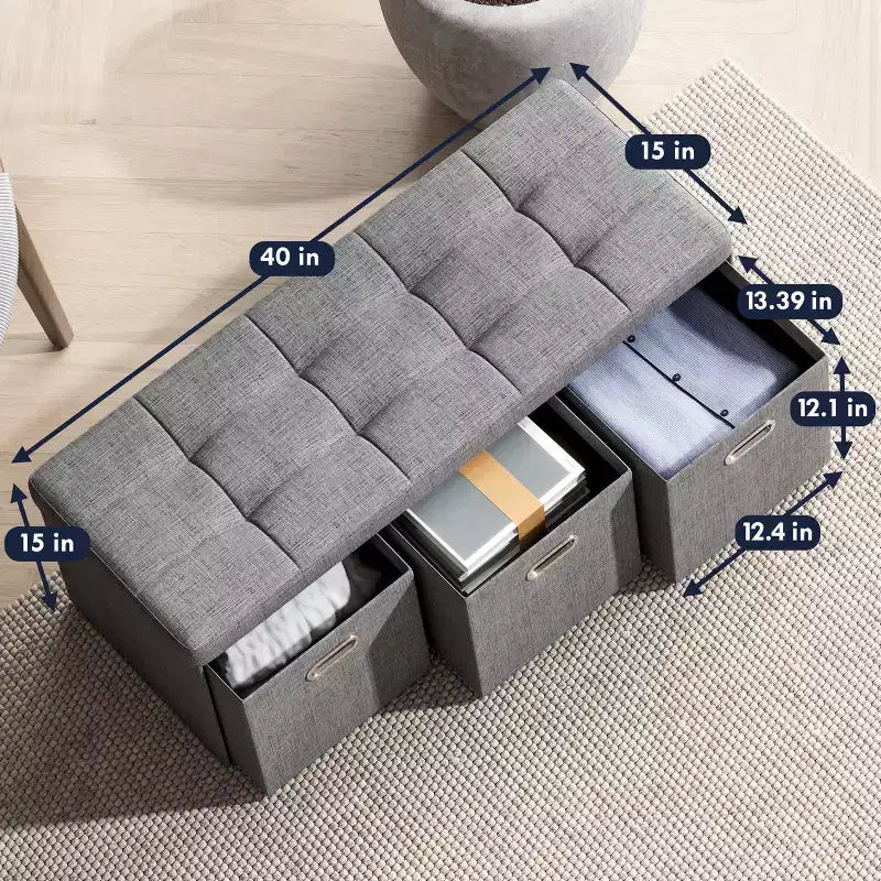 Banc de rangement pliant Ornavo Home de 101,6 cm avec tiroirs, parfait pour le salon, la chambre et l'entrée