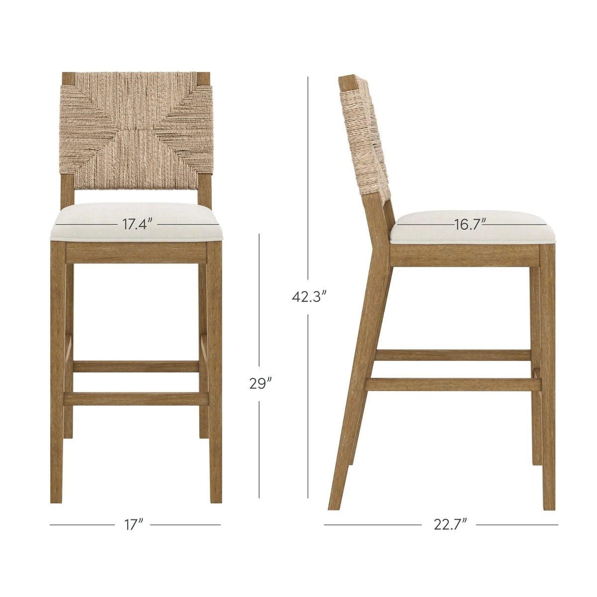 Tabouret de bar Beacon Bohemian Boucle, Chaise de comptoir rembourrée avec structure en bois massif et dossier en jonc de mer tressé