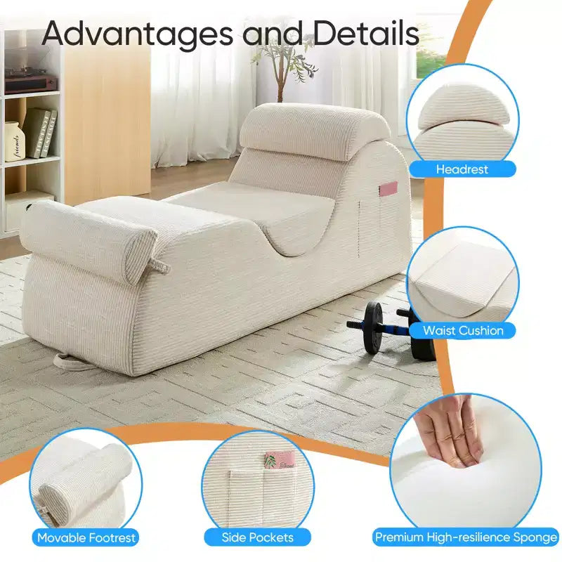 Mjkone Chaise Longue de Yoga en Velours Côtelé, Canapé de Yoga Incurvé avec Appui-Tête/Coussin Lombaire/Repose-Pieds Amovibles, Base Antidérapante