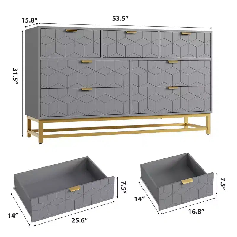 Commode pour chambre à coucher, commode de 136 cm de large avec 7 tiroirs, poignées et pieds en métal doré, commode moderne pour placard, couloir
