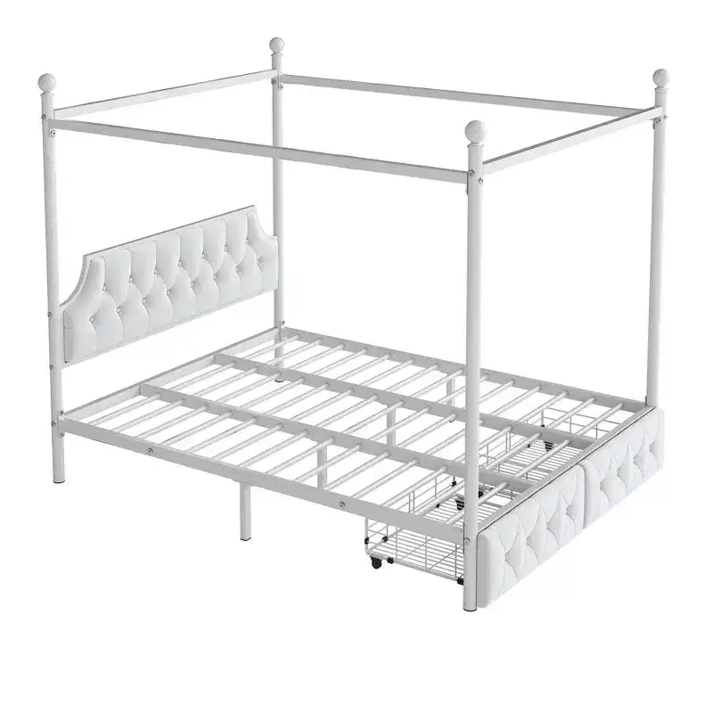 Lit plate-forme à baldaquin moderne en métal taille Queen Luxystar avec tête de lit rembourrée et 2 tiroirs, blanc