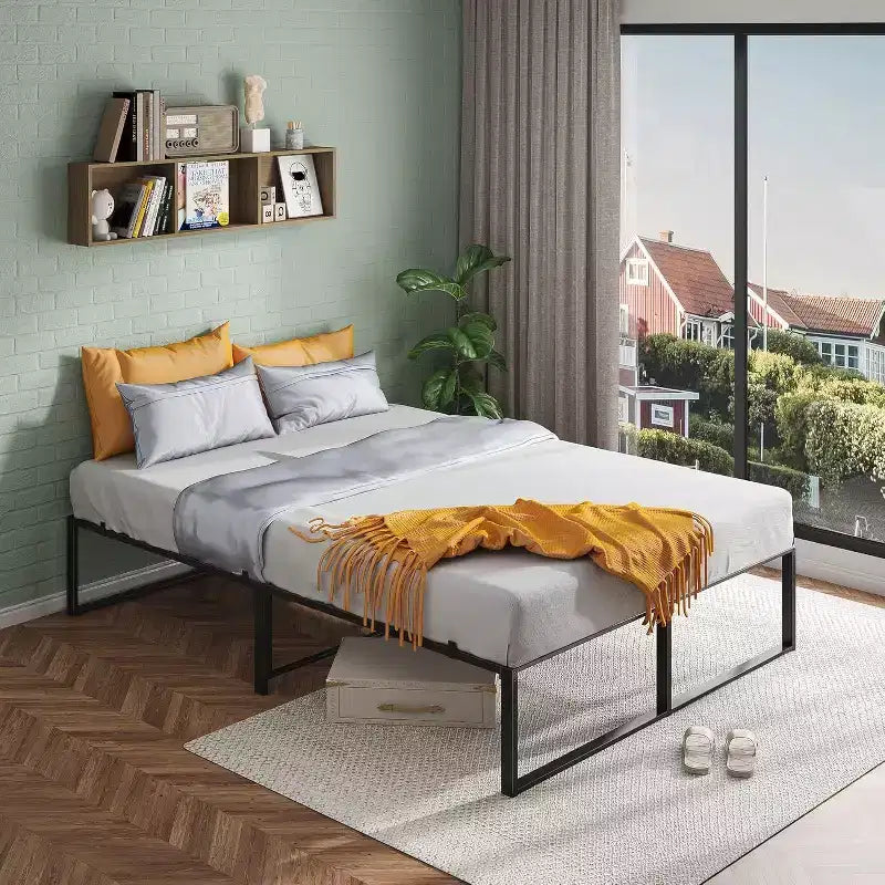 Cadre de lit double en métal de 14 pouces, plateforme robuste, lattes en acier solides, base de matelas, aucun sommier tapissier requis, montage facile, silencieux, noir