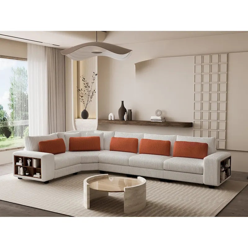 Canapé d'angle modulable 5 places en L avec oreillers, accoudoirs en bois et étagères de rangement polyvalentes, 142 po