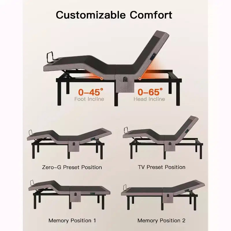 Cadre de lit réglable Queen Size avec massage, dégagement zéro et mode zéro gravité, lit électrique avec inclinaison tête et pieds, télécommande sans fil