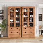 Armoire de cuisine haute de 71 po – Buffet de rangement moderne avec 2 grands tiroirs, portes en verre et étagères réglables, vaisselier de cuisine de style campagnard