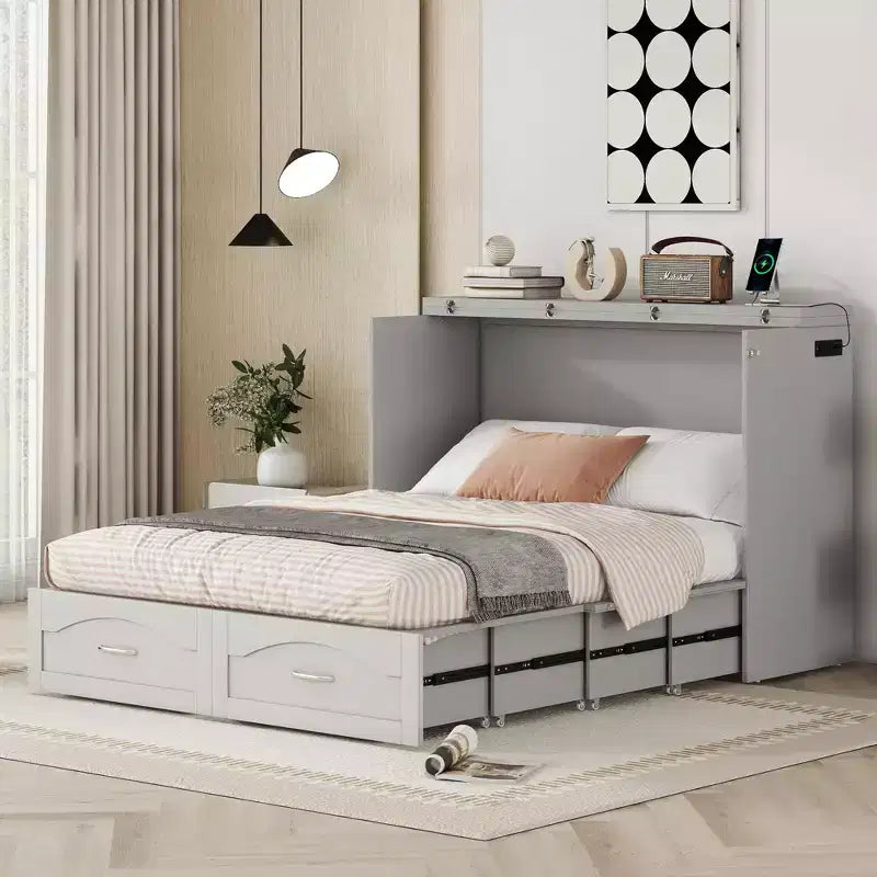 Lit escamotable Whisen avec structure de poulie, se plie dans une armoire avec tiroir et ports USB