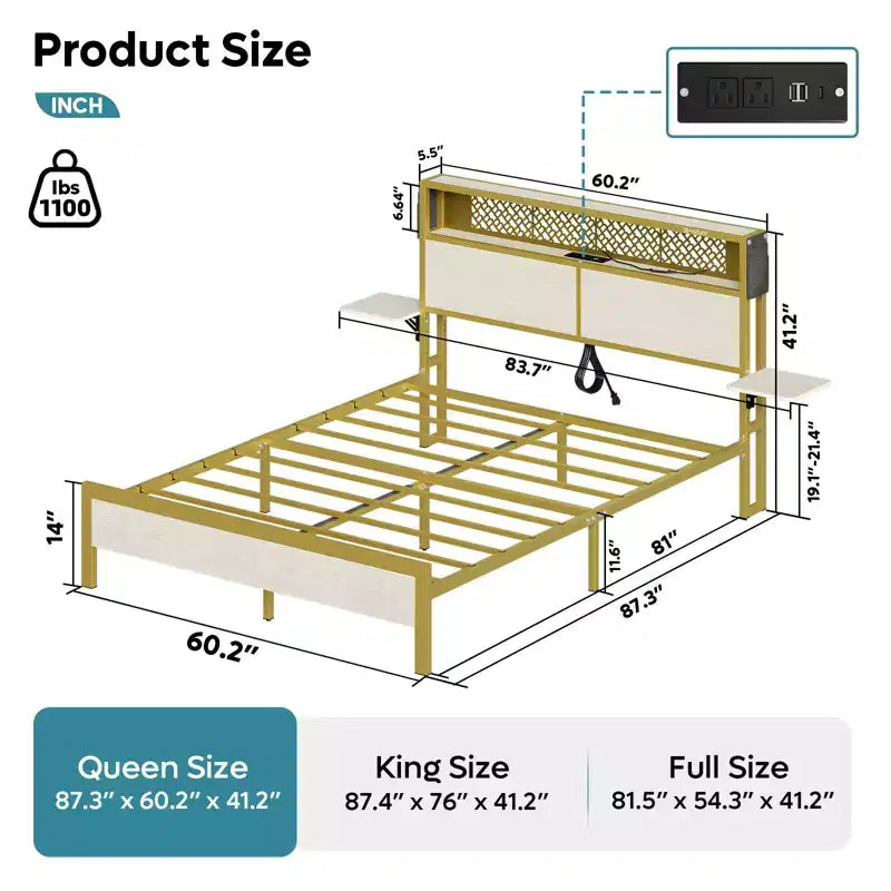Cadre de lit Bestier Queen/Full en tissu, plateforme de lit LED, tête de lit de rangement avec étagères pliantes et station de charge