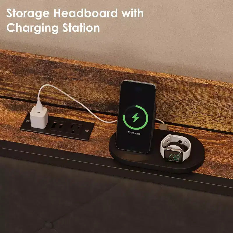 Lit de repos avec lit gigogne et lumière LED, cadre de lit double avec tête de lit rembourrée et station de charge, cadre de lit de repos en métal ou pour salon