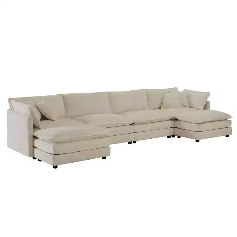 Canapé Confort MAYEERTY en U avec méridienne réversible, Grand Canapé Modulable en U avec Pouf pour Salon, Beige