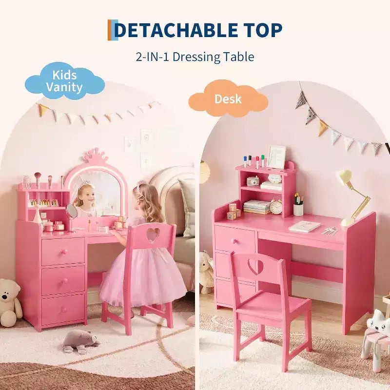 Coiffeuse avec miroir et lumières pour petites filles, ensemble de coiffeuse avec tiroirs et étagères de rangement ouvertes, table de toilette en bois pour chambre à coucher