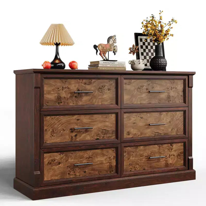 Commode de ferme à 6 tiroirs, commode rustique en bois avec poignées en métal, grande commode de rangement pour meuble TV pour salon, chambre d'enfant, chambre à coucher