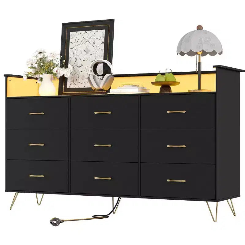 Commode en bois à 9 tiroirs avec lumières LED et station de charge, commode en bois avec contrôle par application, meuble de rangement pour salon, placard