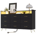 Commode en bois à 9 tiroirs avec lumières LED et station de charge, commode en bois avec contrôle par application, meuble de rangement pour salon, placard