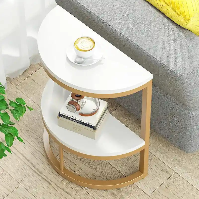 Table d'appoint demi-ronde, table d'appoint étroite, table basse en C mince avec cadre en métal