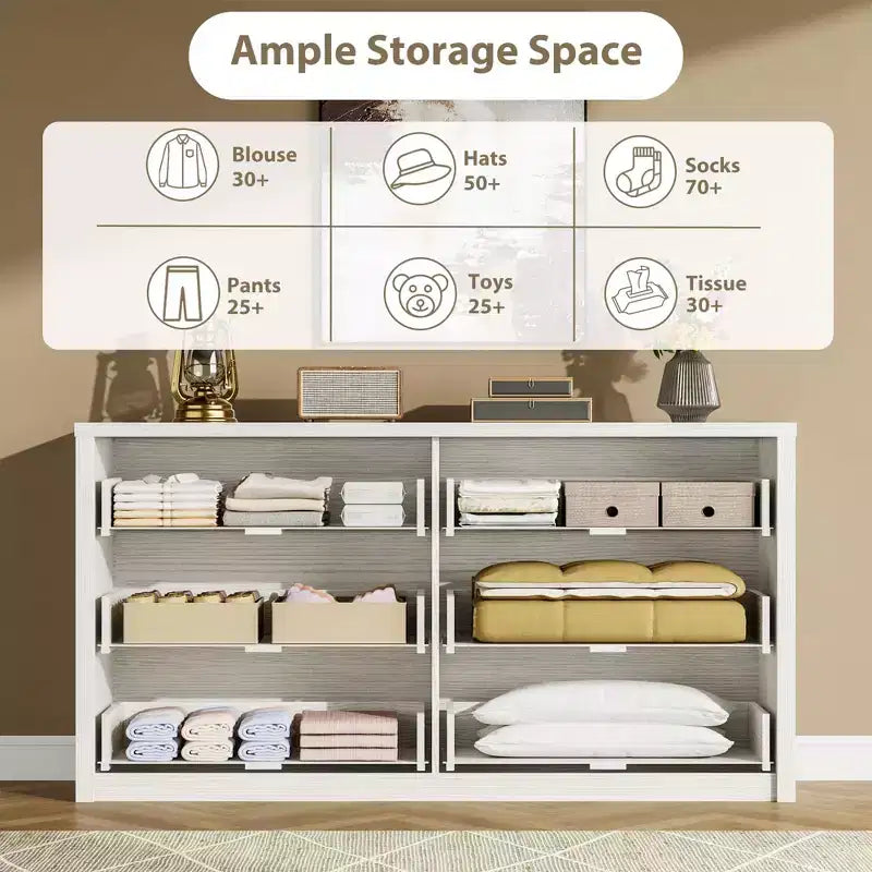 Commode large en bois à 6 tiroirs - Meuble de rangement moderne sans poignée pour chambre, salon, couloir et entrée, grande commode.