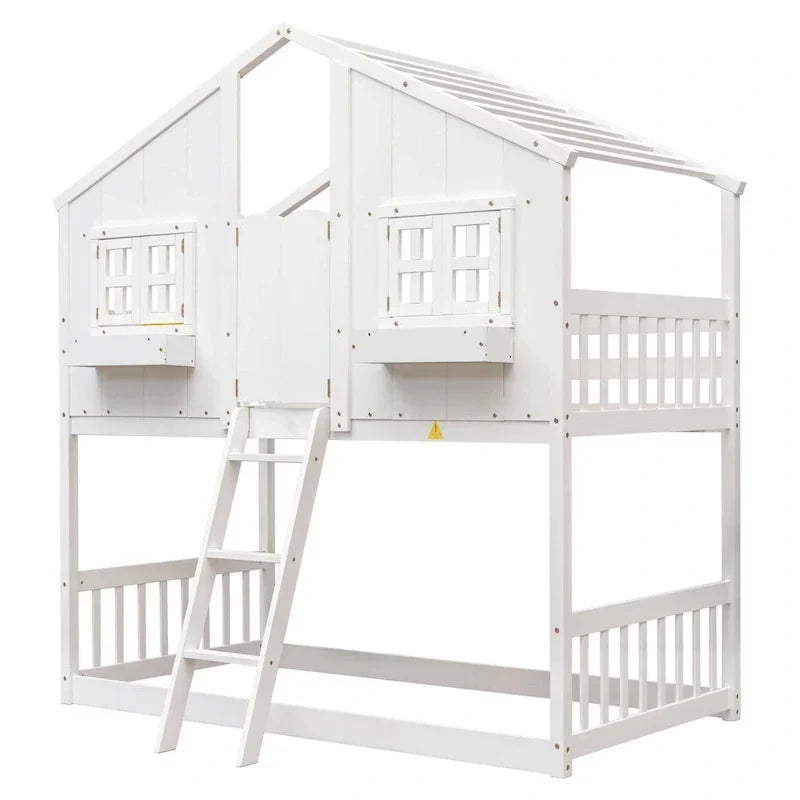 Lit superposé cabane jumeau sur jumeau avec toit, fenêtre, jardinière, porte, barrières de sécurité et échelle, gris