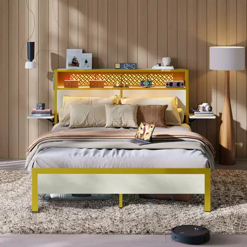 Cadre de lit Bestier Queen/Full en tissu, plateforme de lit LED, tête de lit de rangement avec étagères pliantes et station de charge
