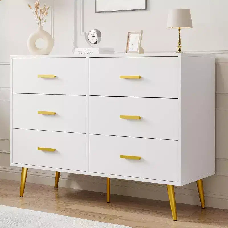 Commode moderne à 6 tiroirs avec espace de rangement, commode en bois avec poignées dorées, commode avec tiroirs profonds pour chambre à coucher, salon, bureau