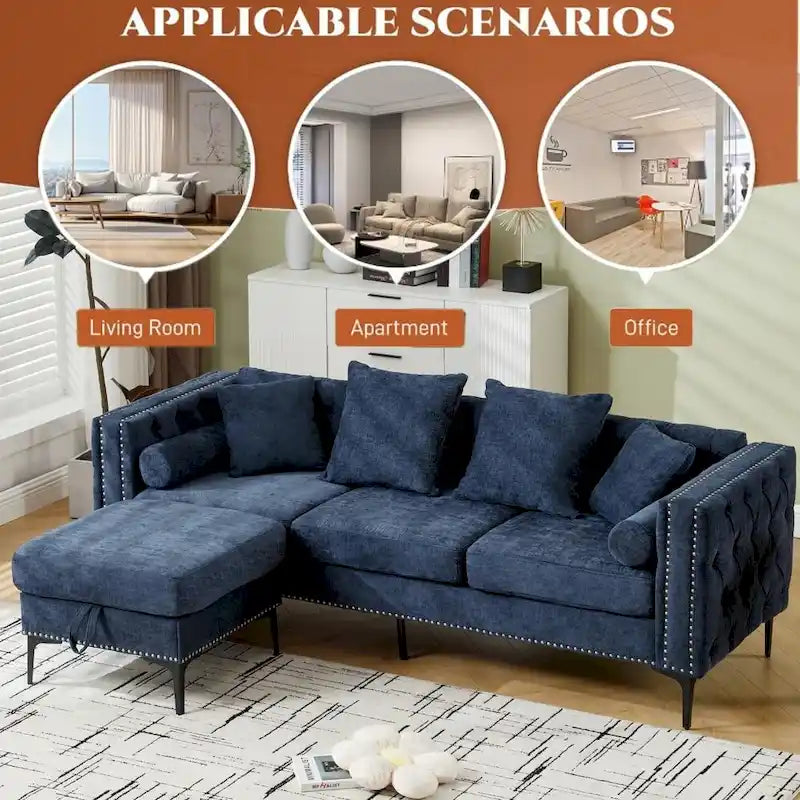 Canapé sectionnel convertible moderne en forme de L en chenille capitonnée