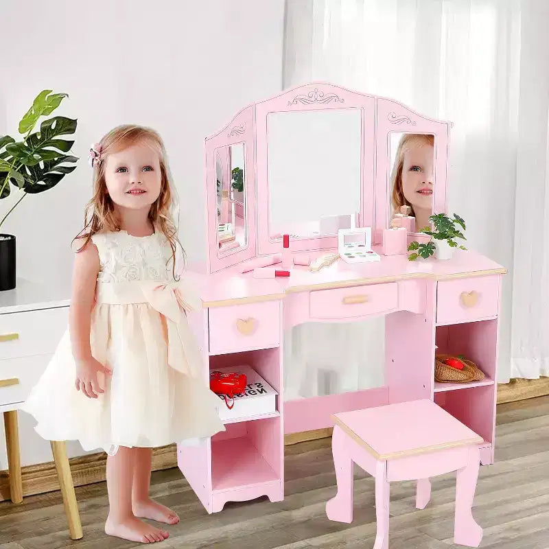 Coiffeuse Acekool pour enfants avec tabouret, miroir triptyque, tiroirs de rangement et étagères ouvertes, coiffeuse rose pour filles de 3 ans et plus