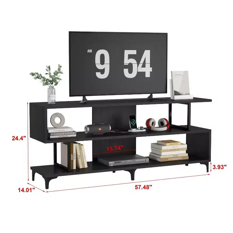 Meuble TV pour téléviseurs jusqu'à 60 pouces, centre de divertissement moderne avec étagère ouverte, station de charge, 4 prises de courant et 2 ports USB, pour salon ou chambre à coucher