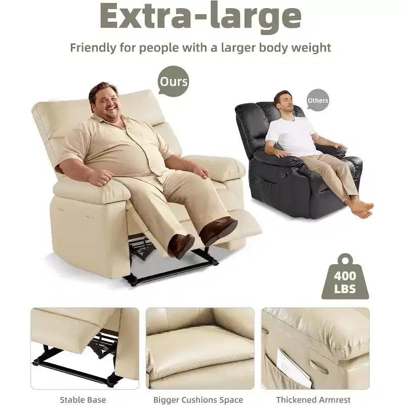 Fauteuil inclinable en cuir surdimensionné, inclinable manuel extra large, chaise longue avec accoudoirs et dossier confortables en éponge 1,5X pour salon, chambre