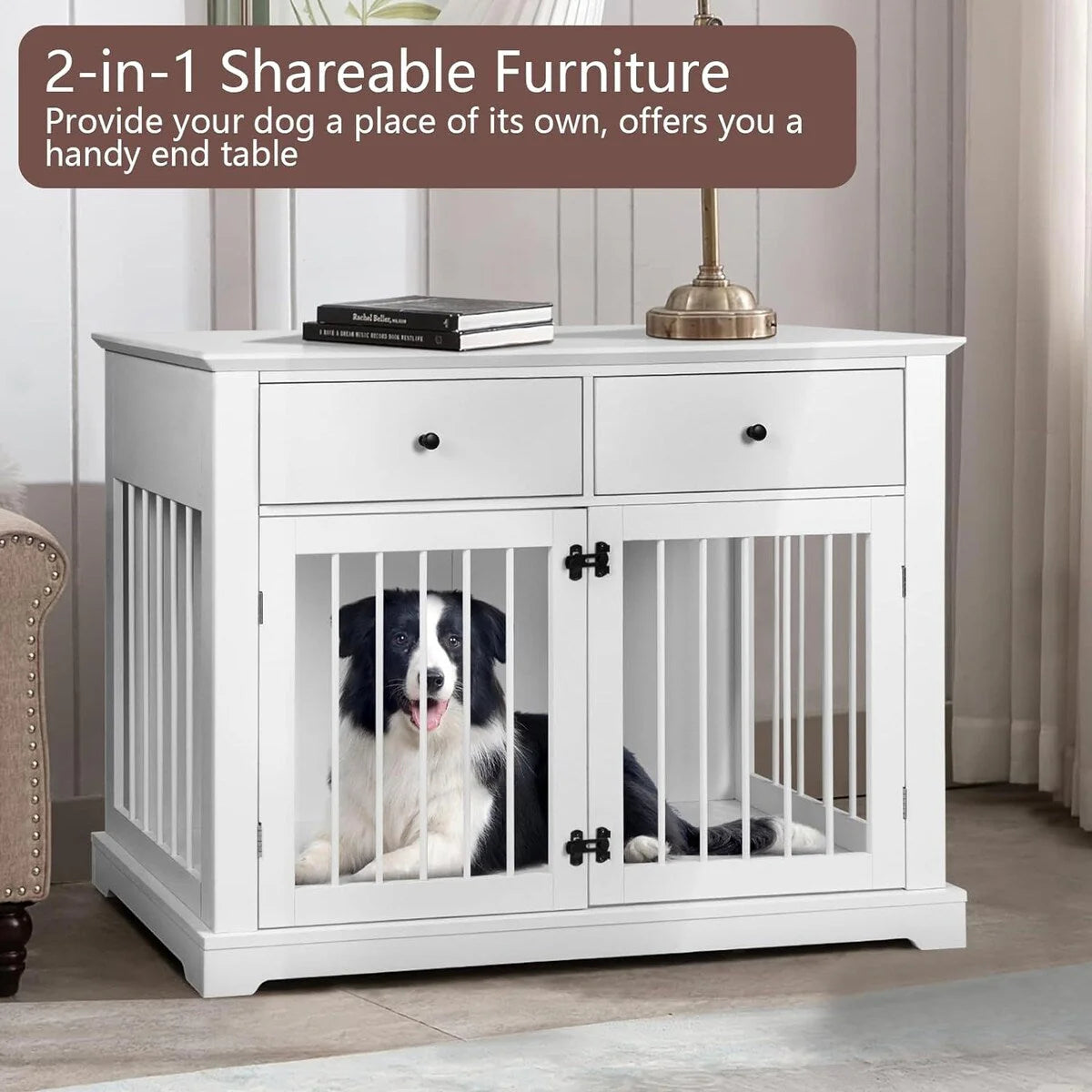 BOSSIN Cage pour Grand Chien de 112 cm, Meuble de Chenil en Bois avec Tiroirs de Rangement, Niche Décorative pour Animaux de Compagnie