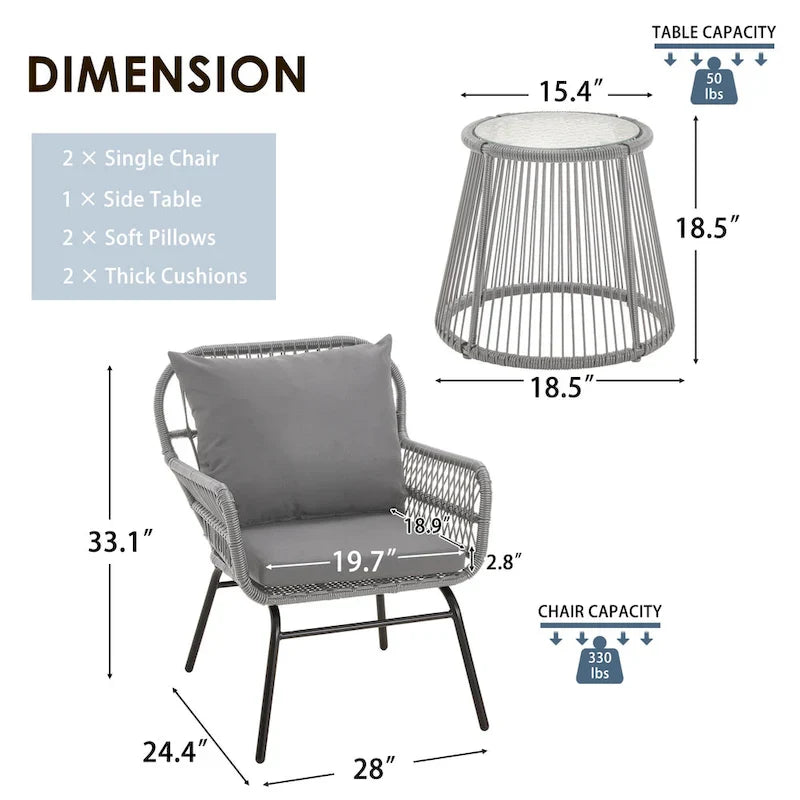Ensemble de bistro 3 pièces pour terrasse, salon de jardin en rotin tressé avec table en verre et 2 fauteuils larges, coussins d'assise