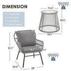 Ensemble de bistro 3 pièces pour terrasse, salon de jardin en rotin tressé avec table en verre et 2 fauteuils larges, coussins d'assise