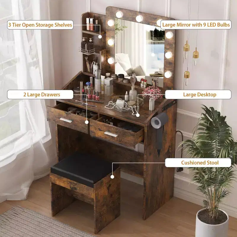 Coiffeuse de Maquillage avec Lumières, Bureau de Maquillage avec Miroir et Lumières, Grand Tiroir et Armoire de Rangement à Deux Étages, 3 Modes d'Éclairage